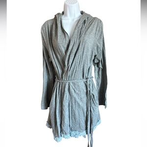 Aerie Gray Hooded Lounge Robe XL Cotton Modal Lace Trim Lightweight Wrap NWOT